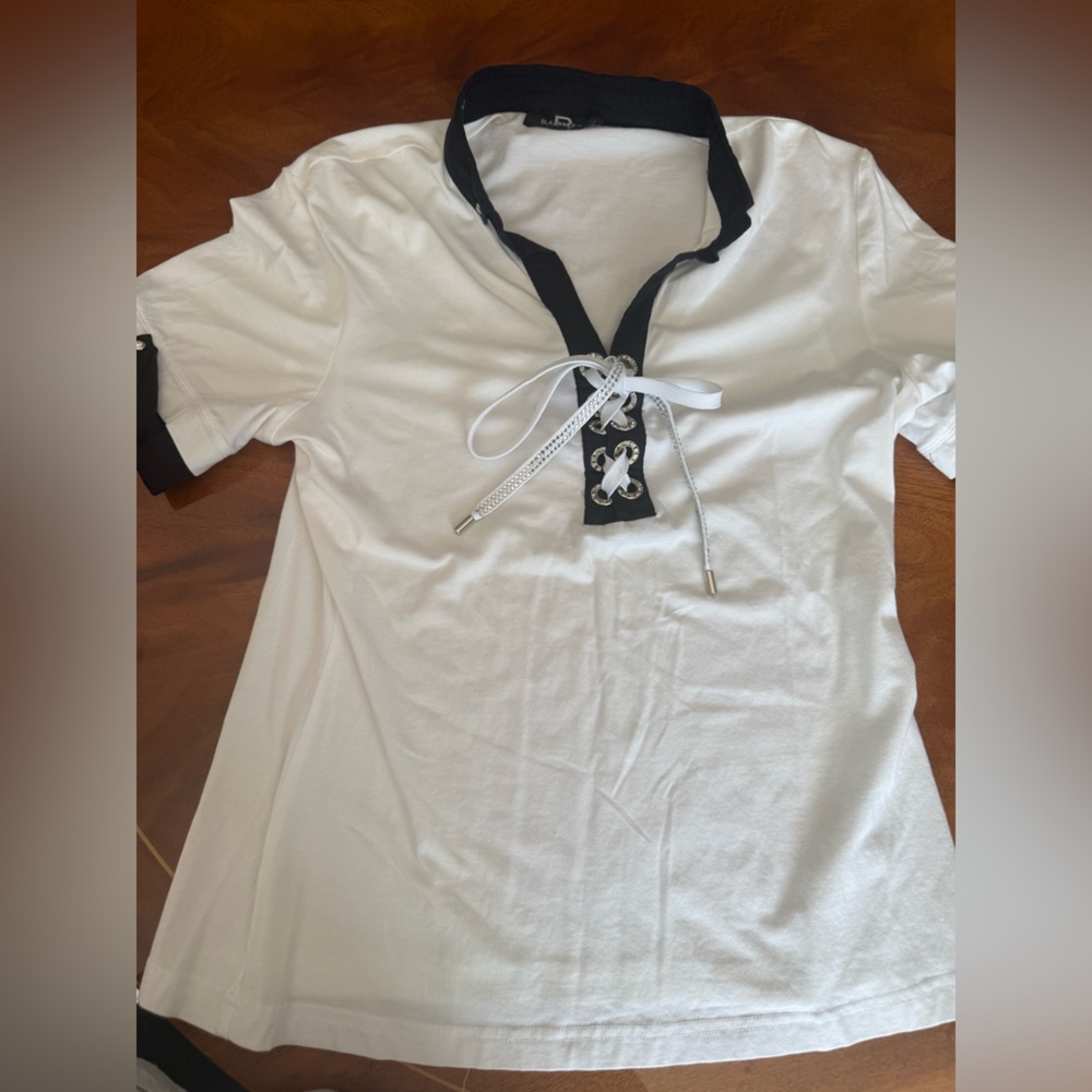 White Short Sleeve Polo with Black Trim and Lace-Up Neck